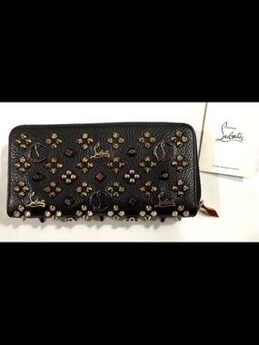 Christian Louboutin Black Leather Zip-Around Wallet with Gold & Silver Studs